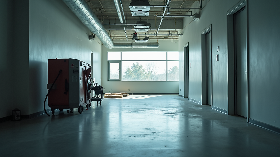 Eye-level view of mould remediation equipment set up in a commercial building