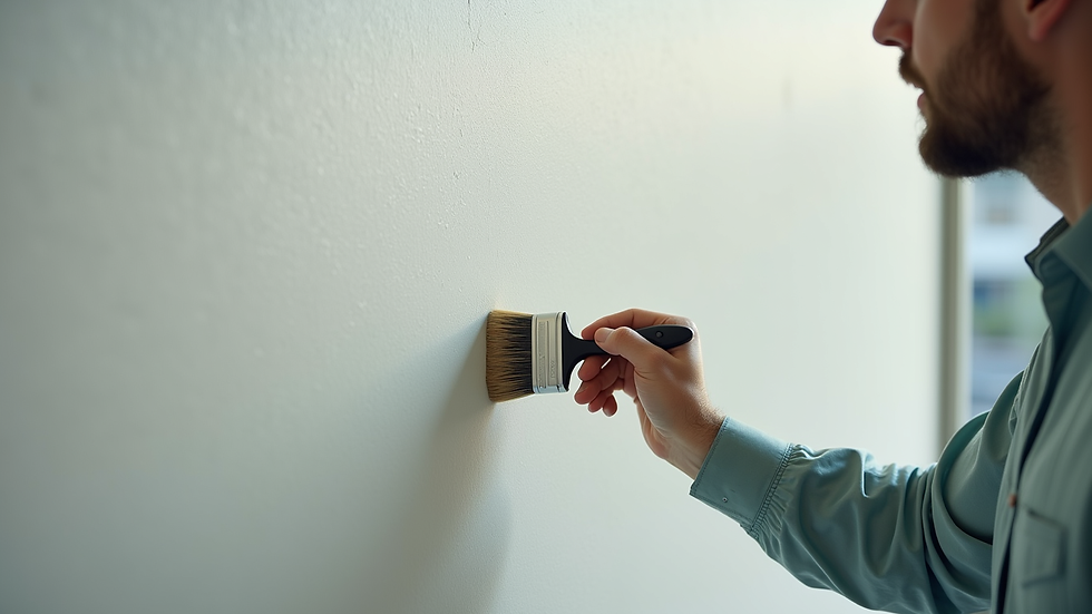 Close-up view of paintbrush applying smooth coat on a commercial wall