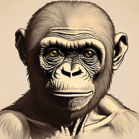 A scientifically detailed reconstruction of an early hominid, possibly Australopithecus, featuring a blend of ape-like and human traits. The figure has deep-set eyes, a pronounced brow ridge, and a flat nose, with expressive facial musculature and textured fur covering the face and shoulders. The lighting and realism emphasize evolutionary anatomy, evoking both primal intensity and contemplative depth.