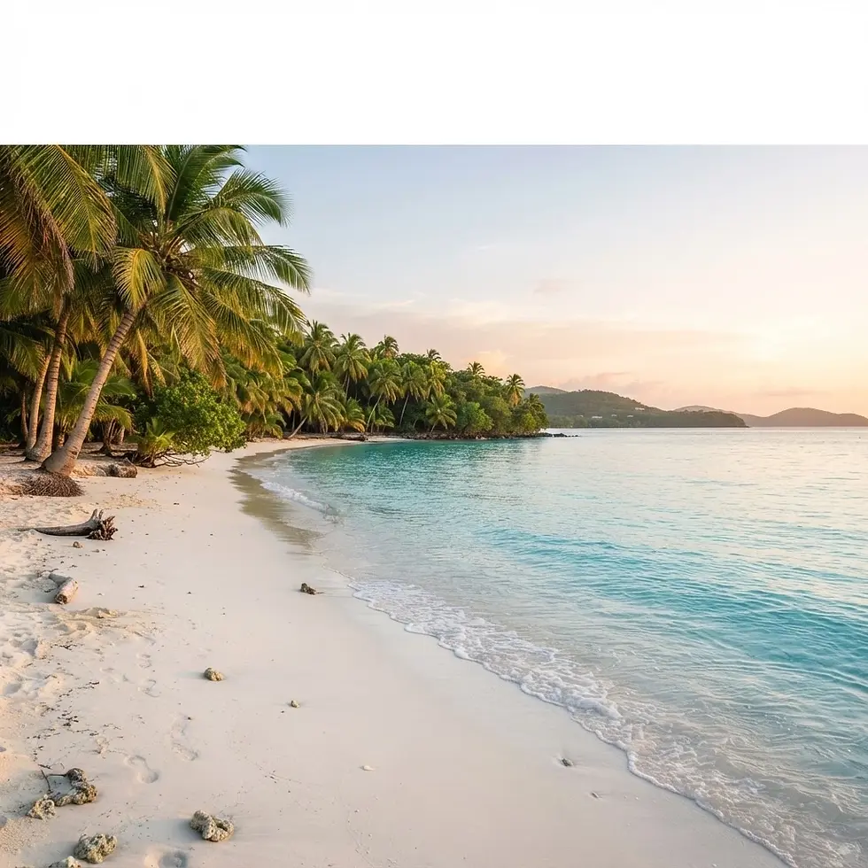 Landscape photography of a tropical beach with white sand and turquoise water lined by palm trees. The scene is bathed in the warm, soft glow of a sunset.