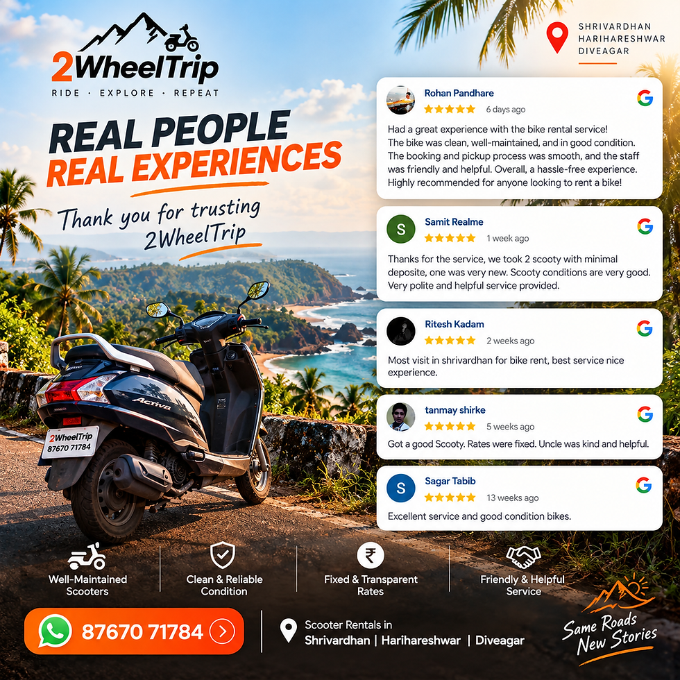 Customer reviews for 2WheelTrip showing 5 star ratings for trusted and affordable scooty rentals in Shrivardhan Harihareshwar and Diveagar at best rates 8767071784