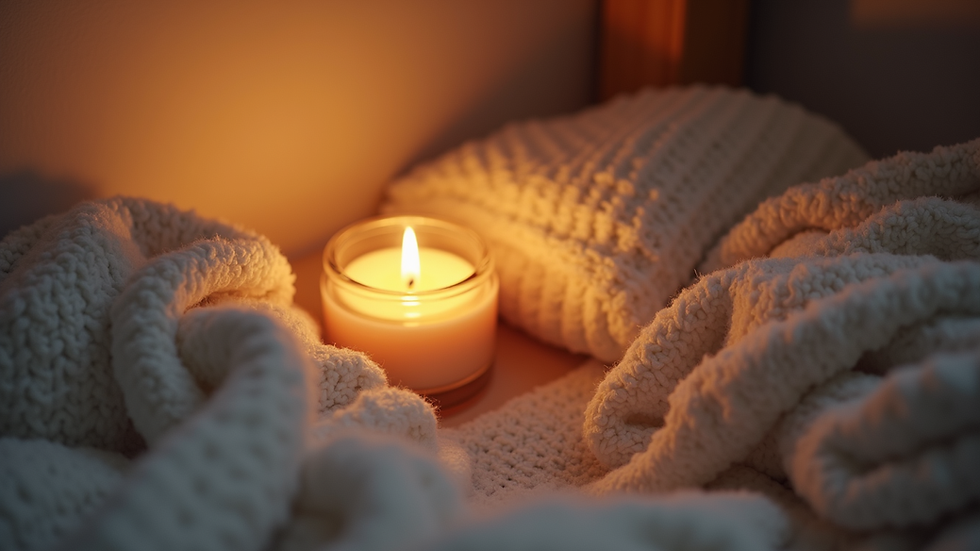 Eye-level view of a cozy corner with soft blankets and a lit candle