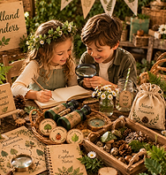 Girl and boy looking at woodland wonders challenges at themed children's party KayBear in Crediton
