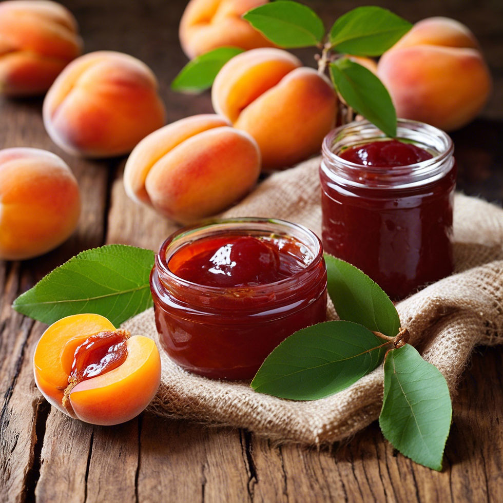 Fresh Apricots on a wooden table with jars of jam