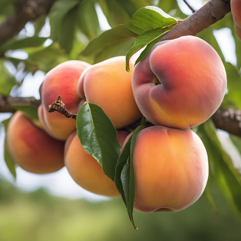 Bunch of fresh ripe peaches hanging on a branch