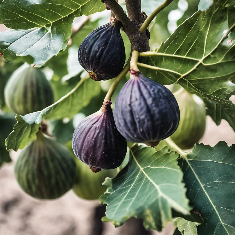 Ripe Black Genoa figs hanging on a tree branch