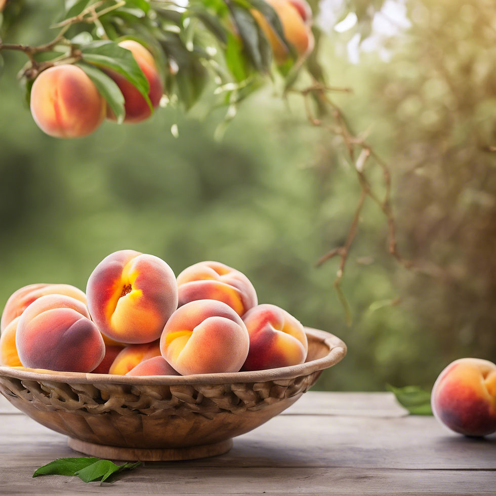 fresh ripe yellow peaches in a bowl on a table outside
