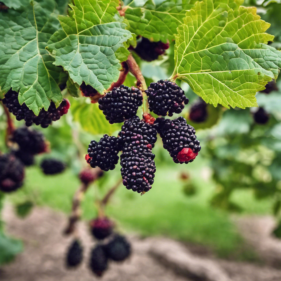 Ripe black Mulberries on a tree.