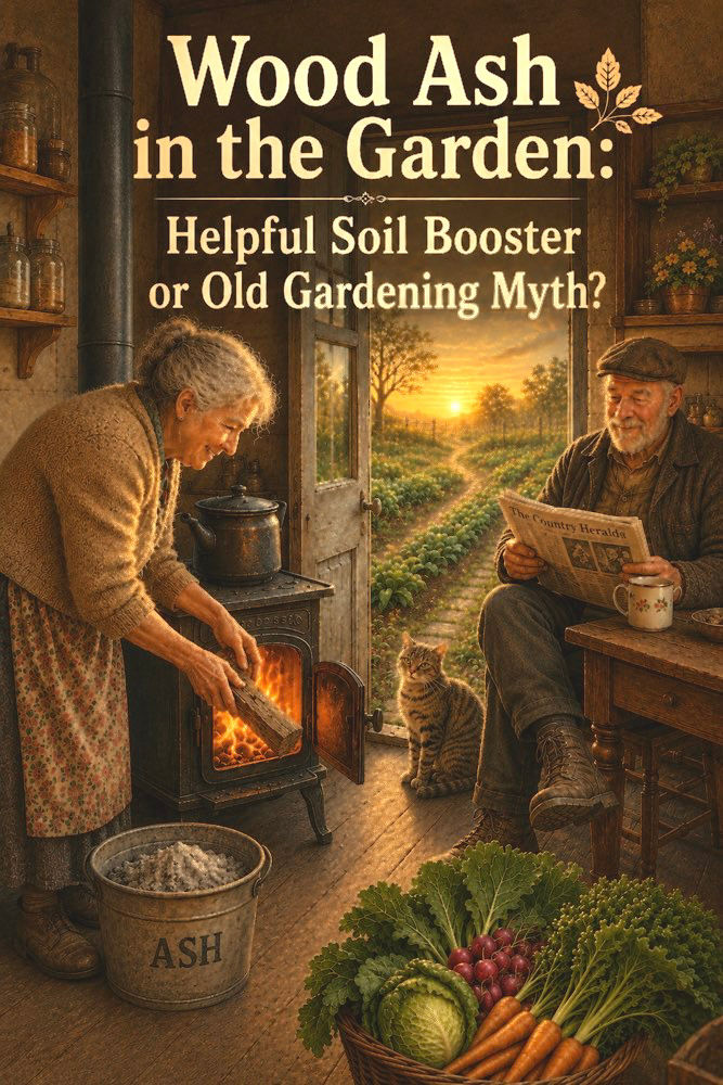 Illustrative depiction of elderly folk saving wood ash for the garden