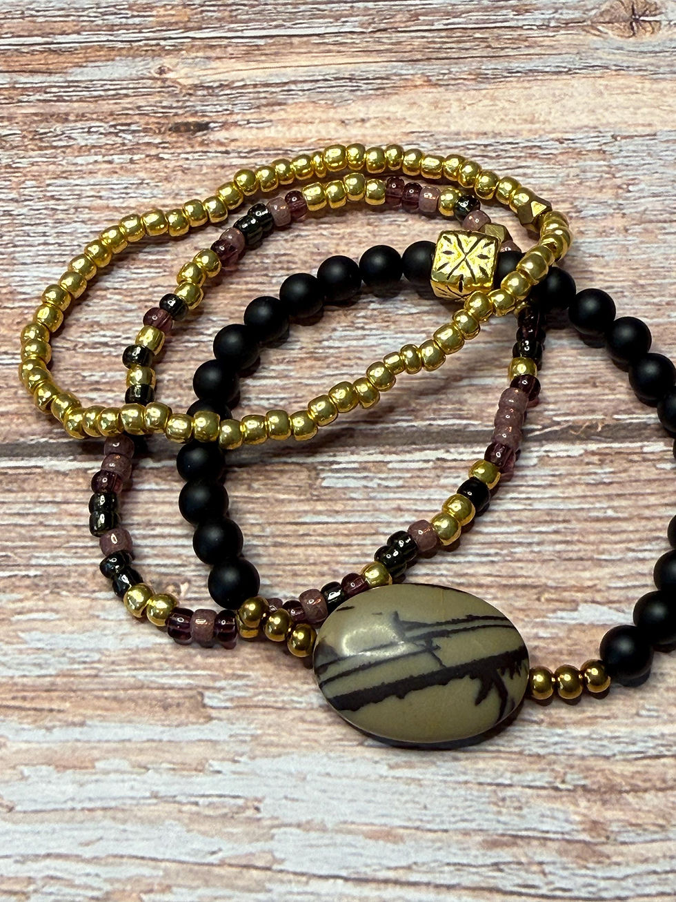 Thumbnail: Black Onyx 3 Bracelet Stack with Purple Jasper - Gold/Silver Accents