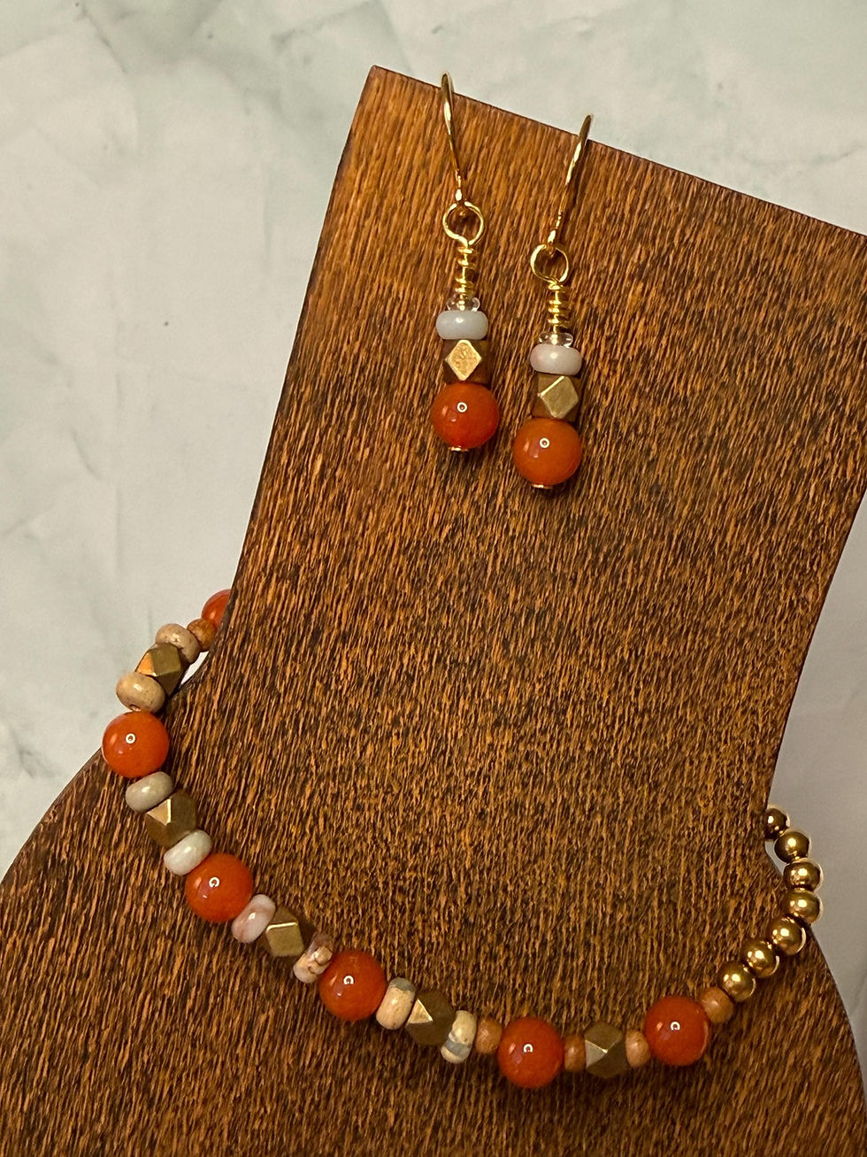 Thumbnail: Carnelian and Jasper handmade Dangle Earrings with gold