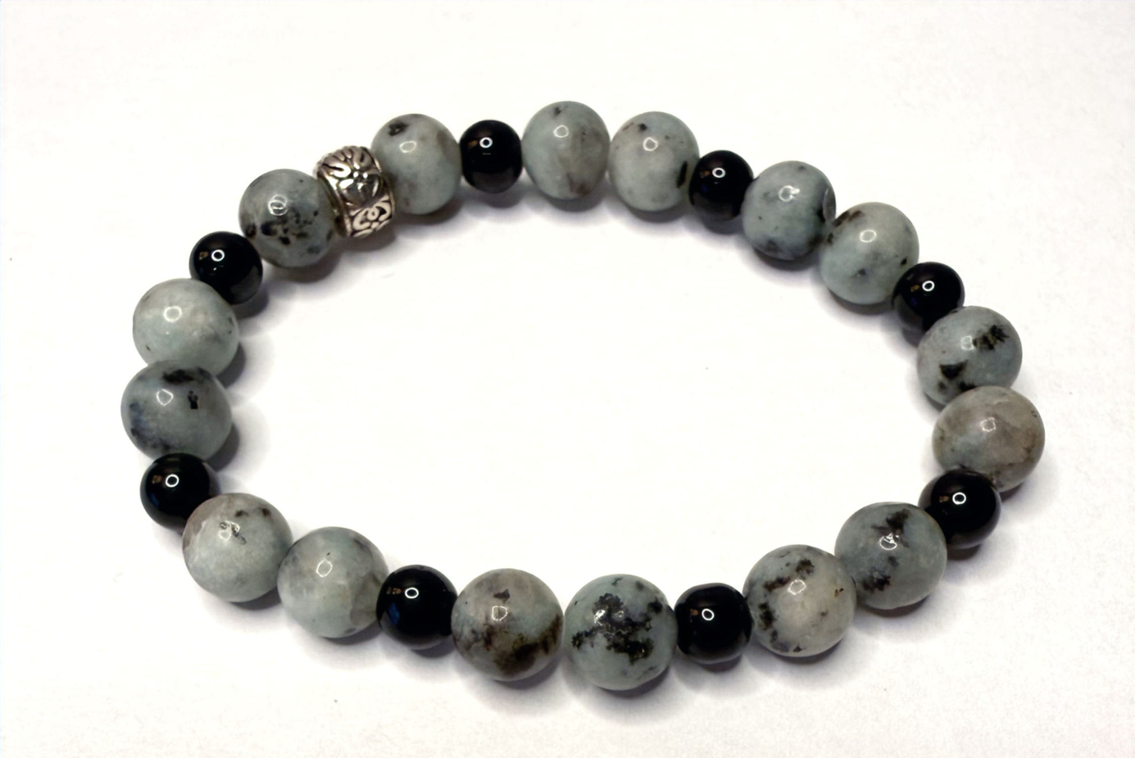 Green Kiwi Jasper Bracelet • 6mm or 8mm Beads • Black Glass & Silver Accent