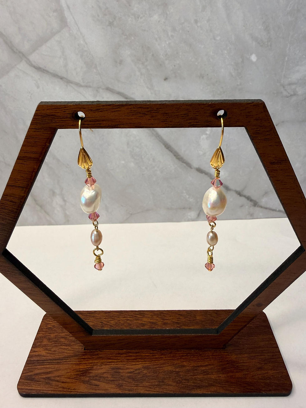 Thumbnail: Gold Pearl Dangle Earrings • Freshwater Pearls, Crystals, Nickel Free