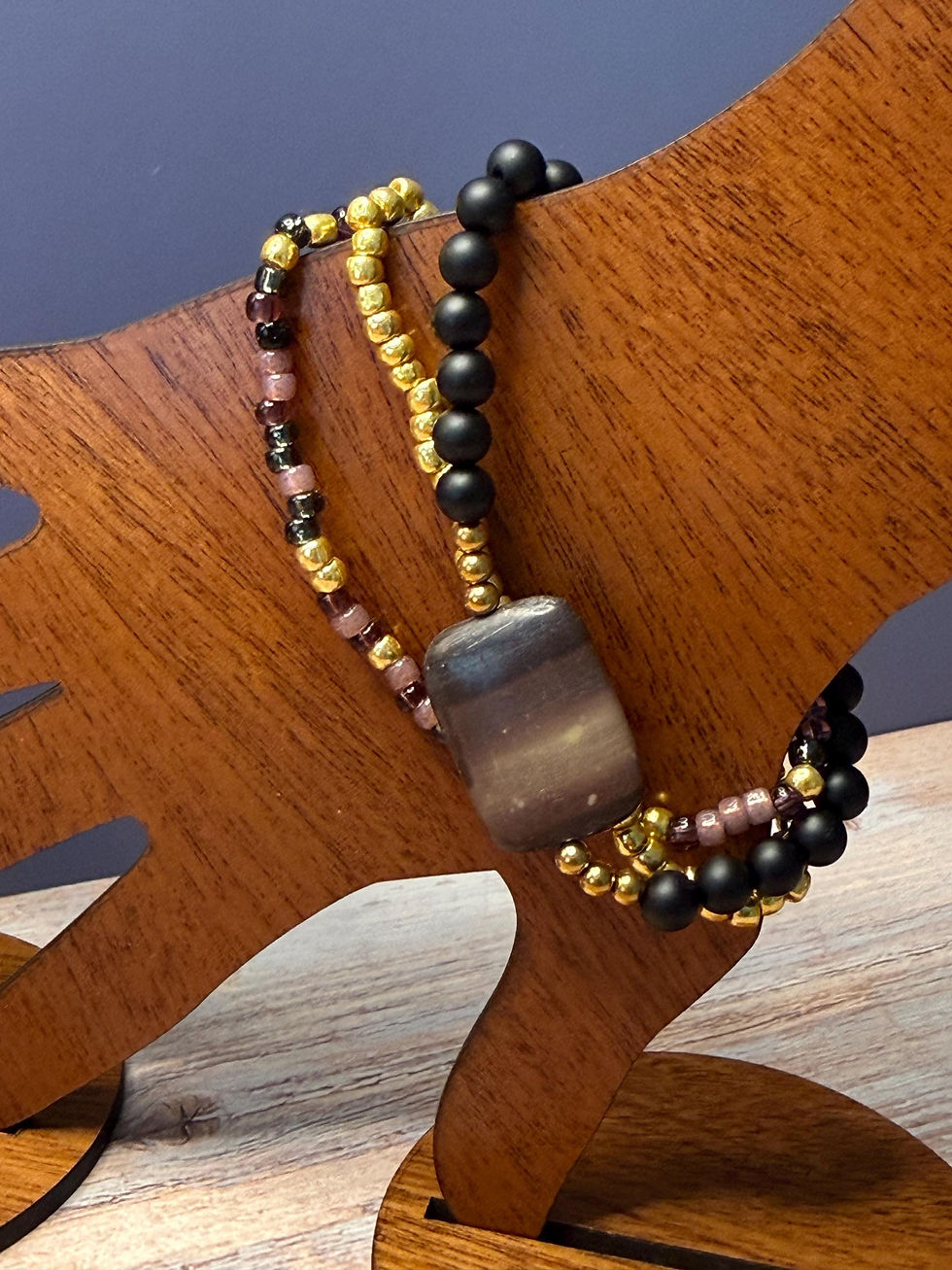 Thumbnail: Black Onyx 3 Bracelet Stack with Purple Jasper - Gold/Silver Accents