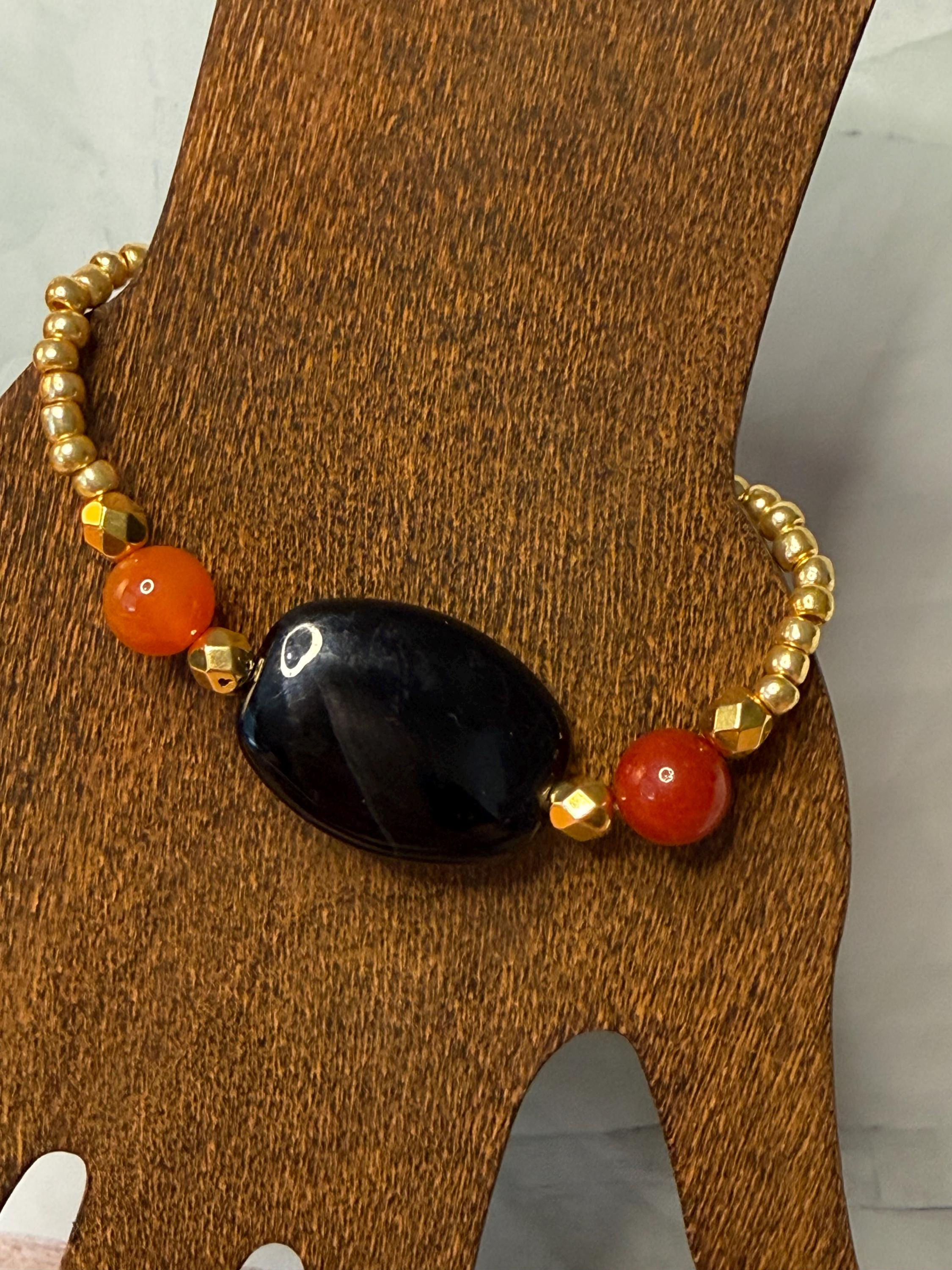 Black Onyx and Agate Stretch Bracelet – Gold or Silver Accents