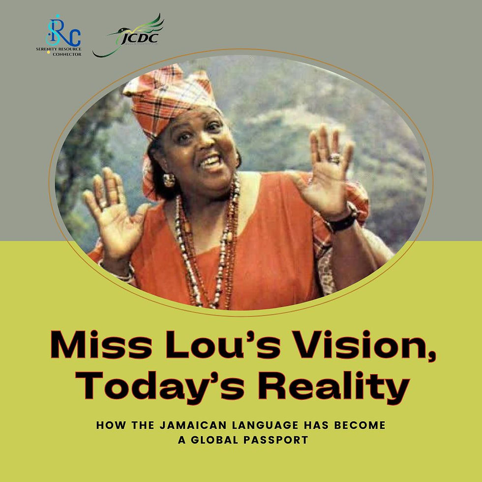 Miss Lou's Vision, Today's Reality: How Jamaican Language Has Become a Global Passport Blog cover image with Miss Lou and partner logos