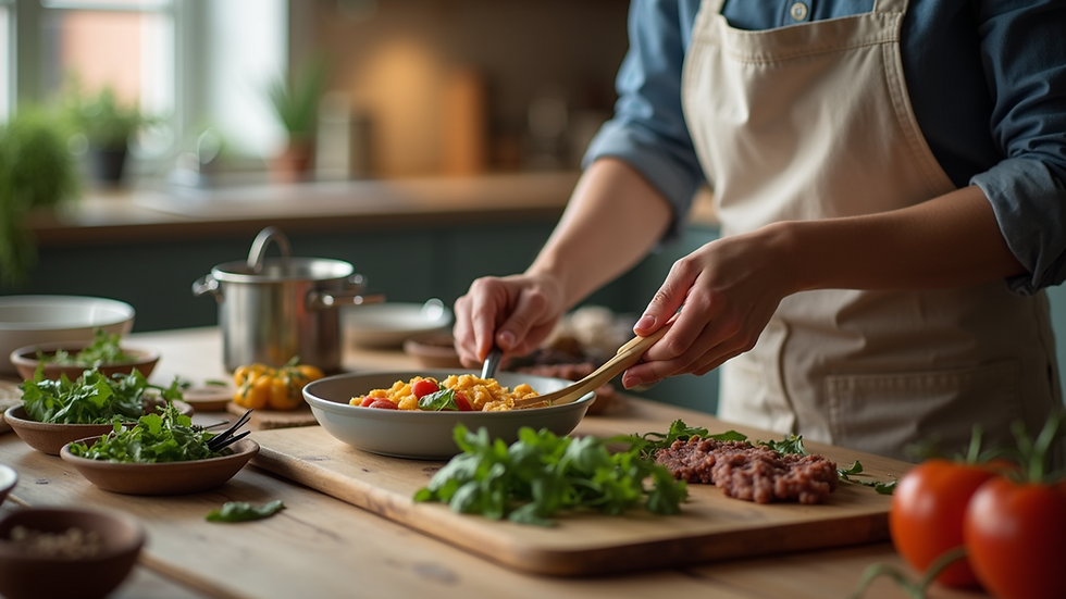 Close-up de utensílios de cozinha organizados para atividade culinária em equipa