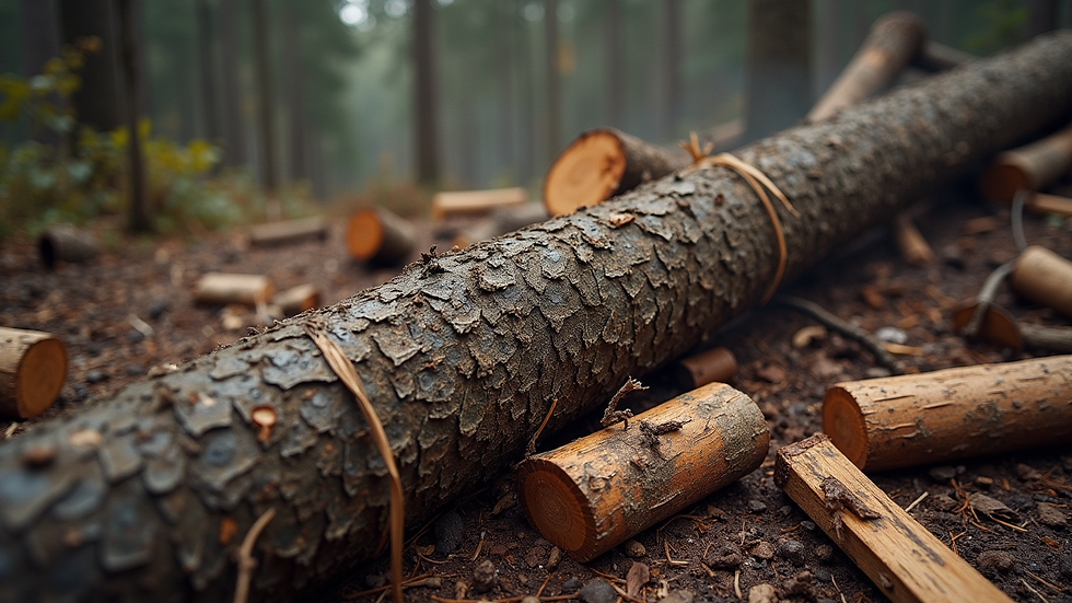 High angle view of a fallen tree being cut into firewood logs