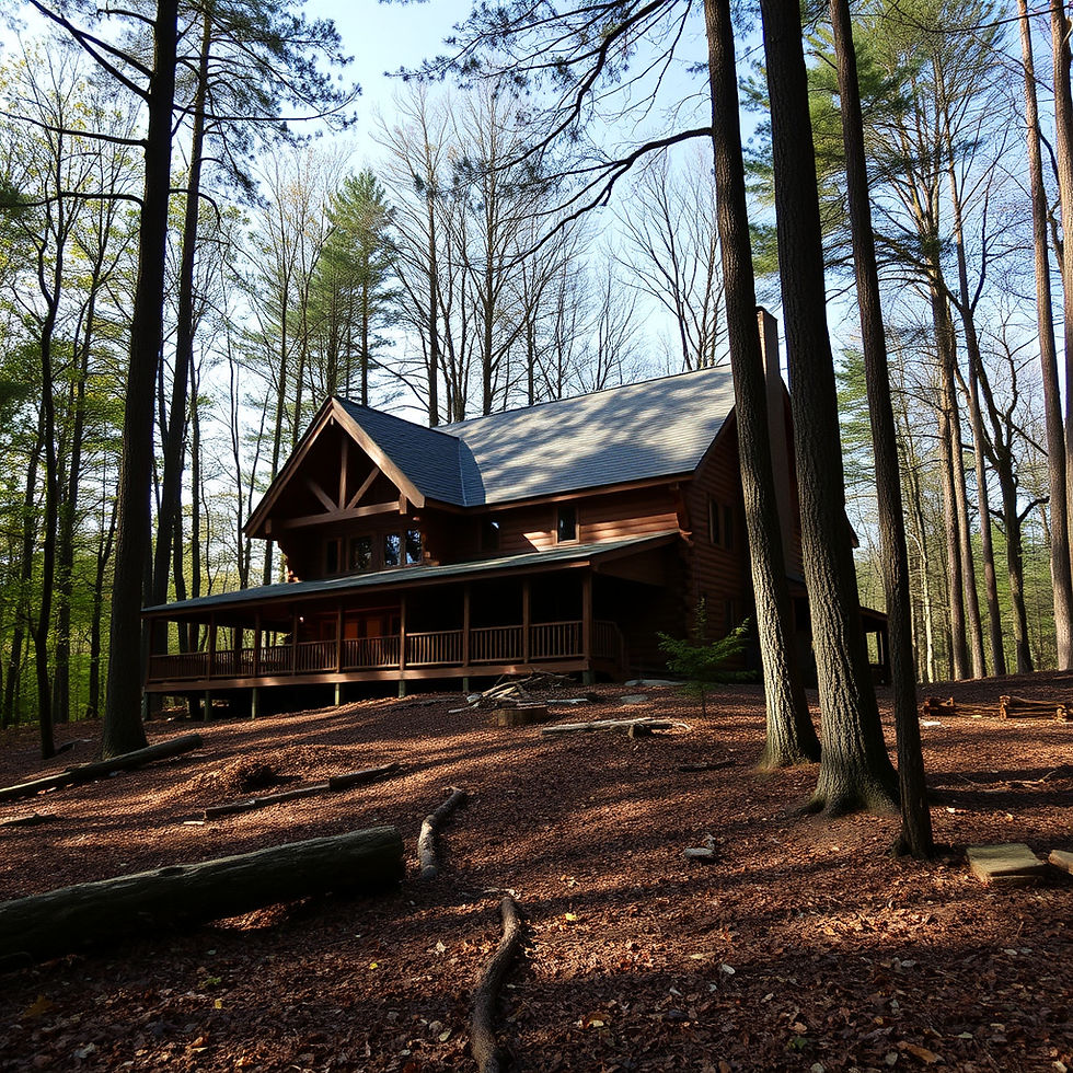 A rustic wooden cabin with a porch nestled among tall trees in a forest. Sunlight filters through branches, casting shadows on the leaf-covered ground.