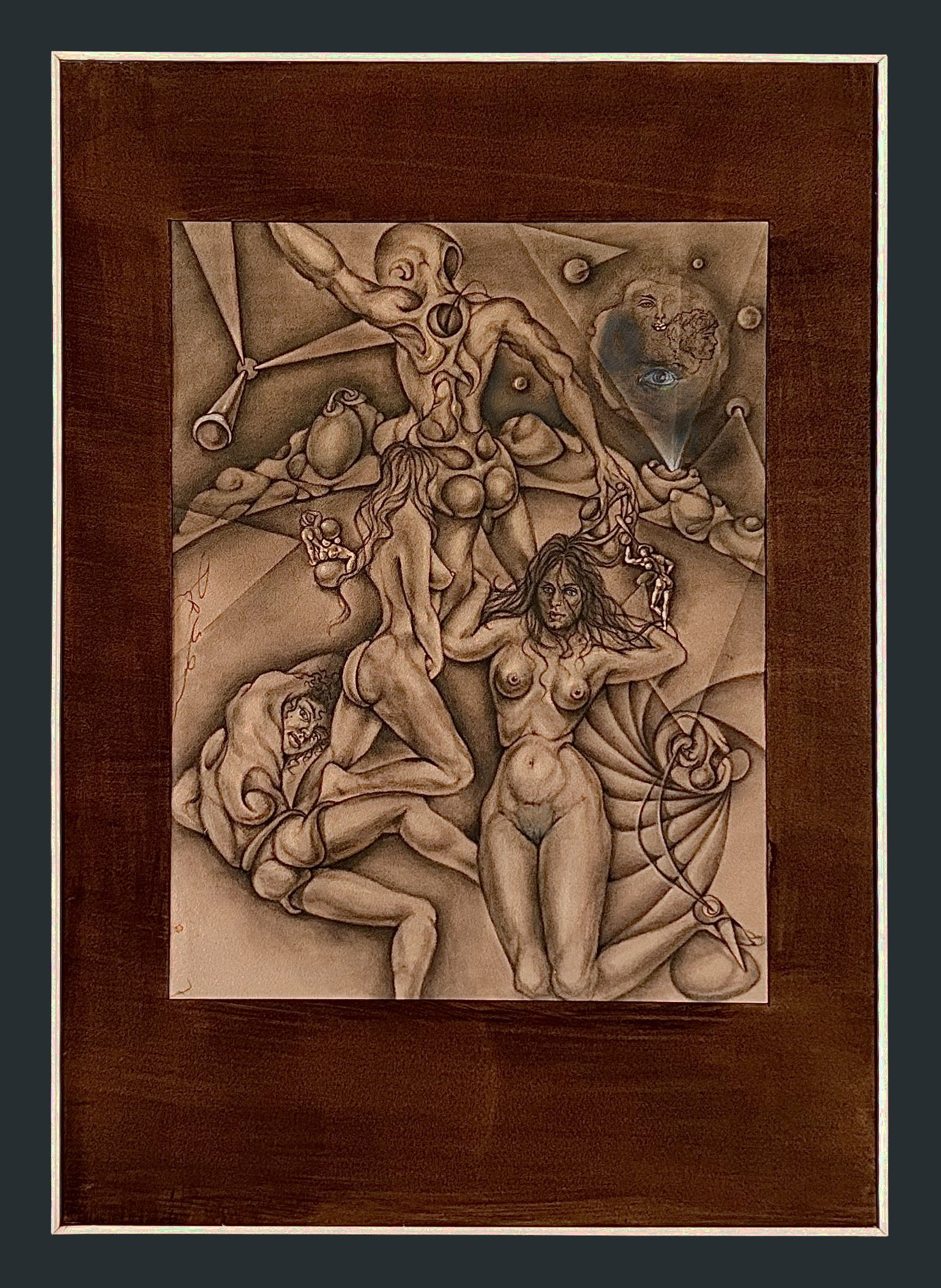 Tableau surréaliste dessin original fusain sanguine José Gerson 1973