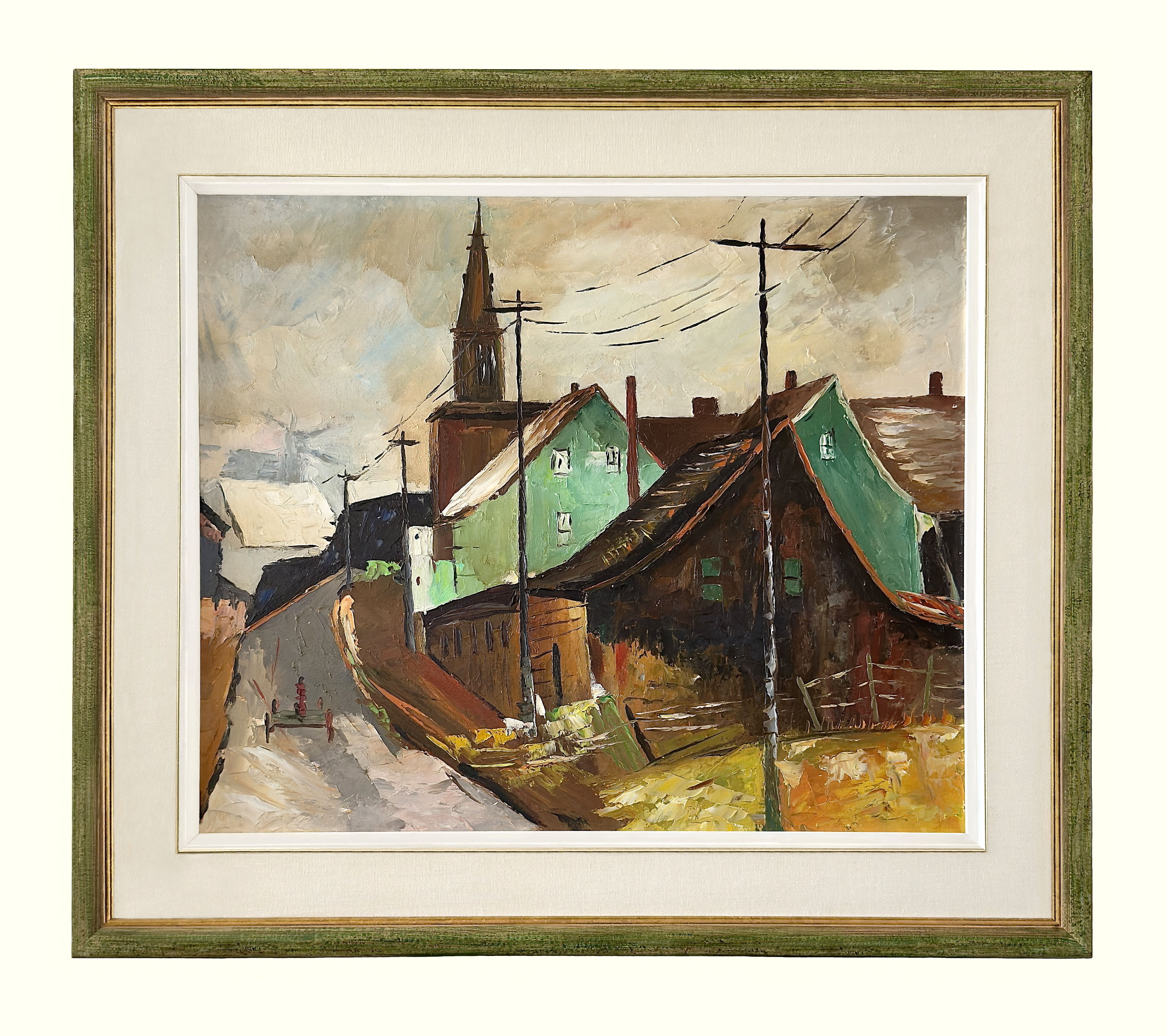 Peinture à l'huile de style Albert Rousseau représentant une scène d'hiver à Baie-Saint-Paul avec son cadre d'époque.