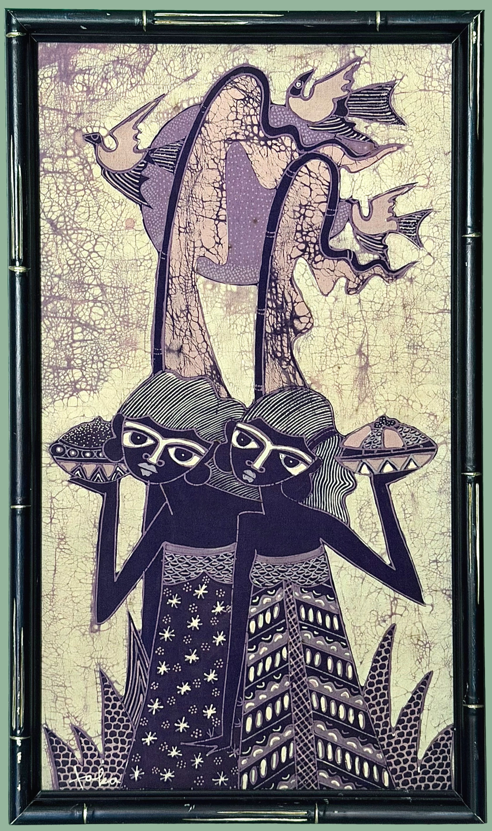 Peinture batik nigérian authentique de Tola Wewe cadre bambou noir style chic tropical art contemporain africain.