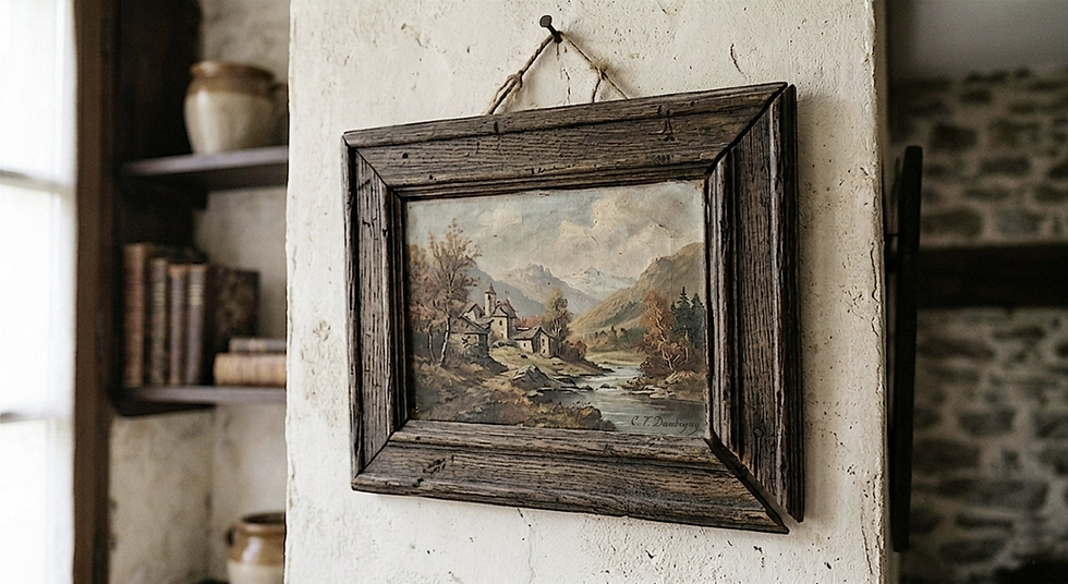 Tableau de paysage en montagne dans une galerie d'art et objets vintage.