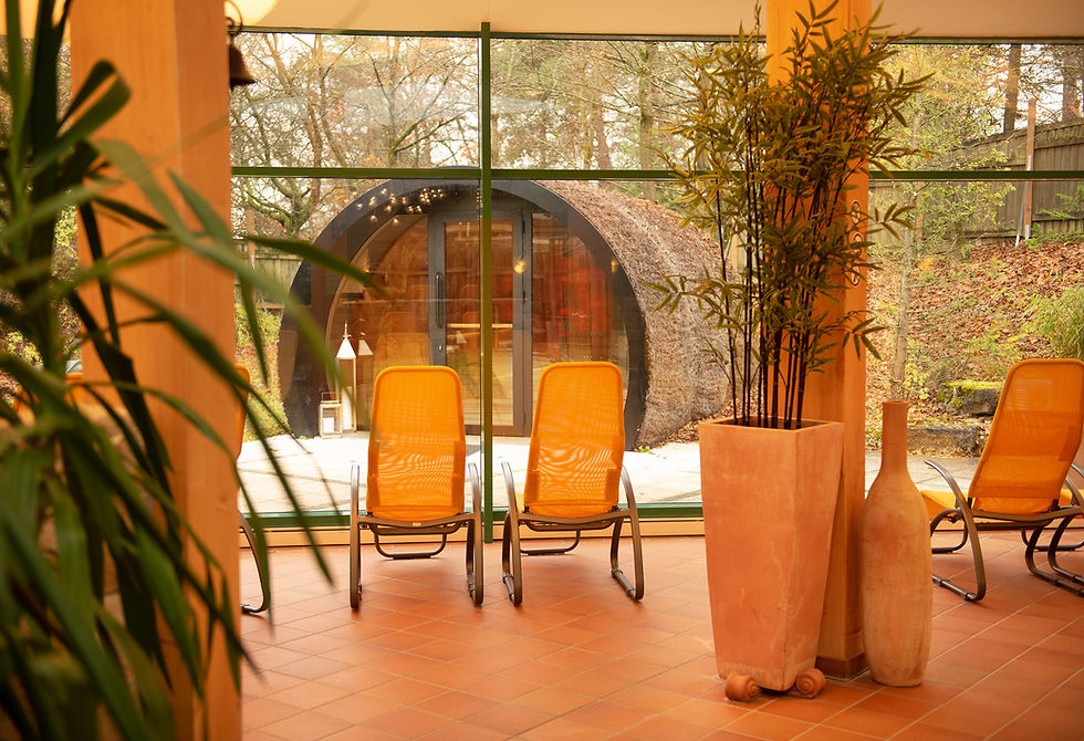 Ruhebereich mit Saunahütte im Hotel Sonnenhügel