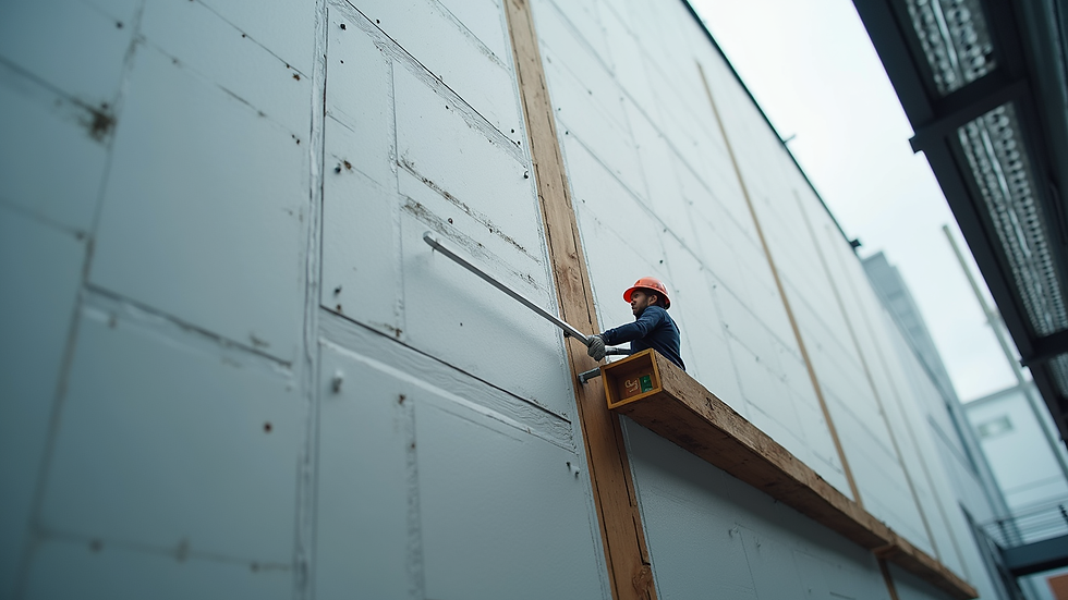 Close-up view of insulated panels being installed on a commercial building exterior in London