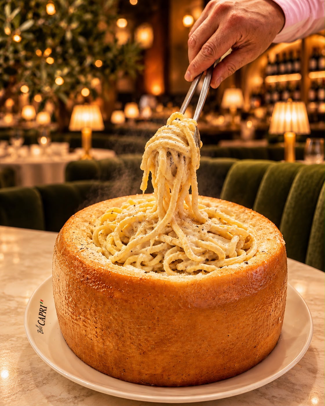 Cacio e pepe served from a pecorino wheel