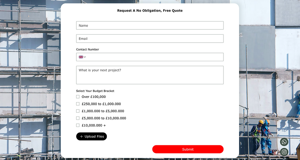 Functional construction company website contact form with free quote request, designed by Merx Marketing.