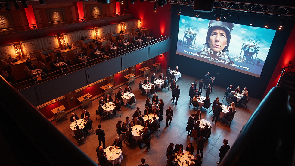 High angle view of a London film festival venue with attendees networking