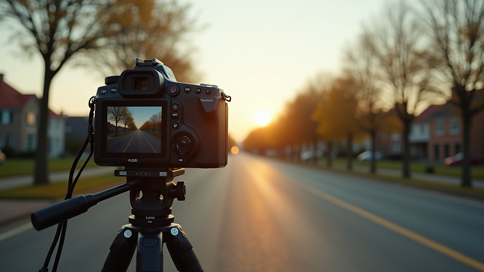 Eye-level view of a film camera on a tripod capturing a cinematic scene