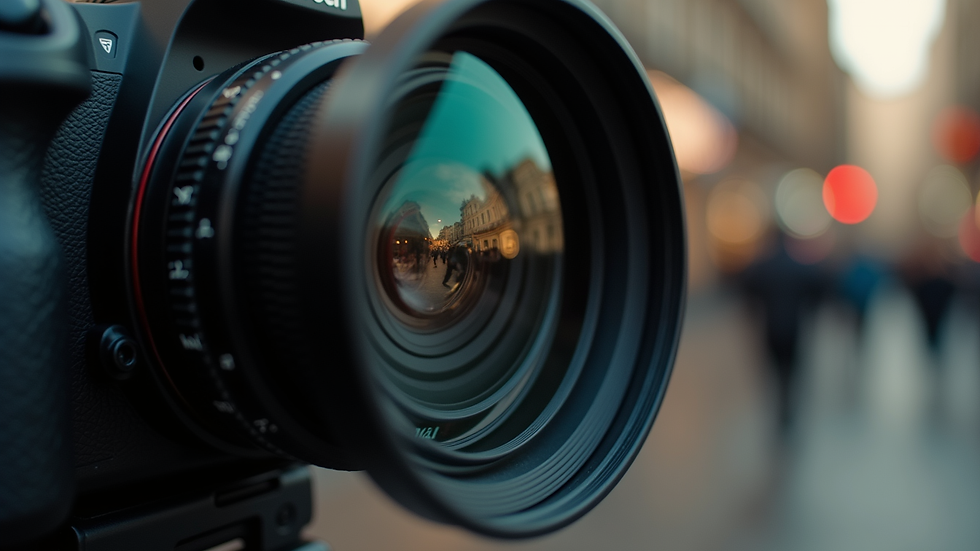 Close-up view of professional film camera lens capturing cinematic scene
