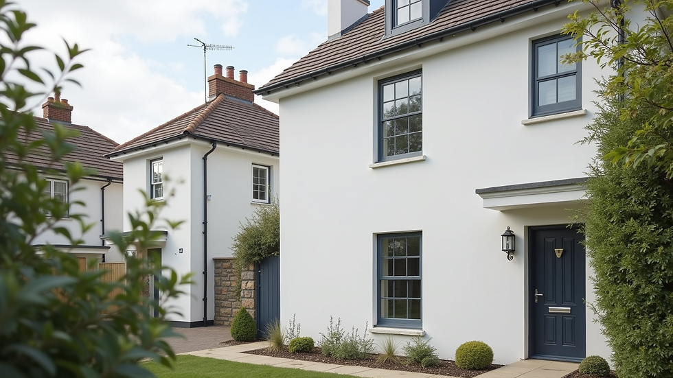 Eye-level view of a London townhouse with newly installed external wall insulation and smooth render finish