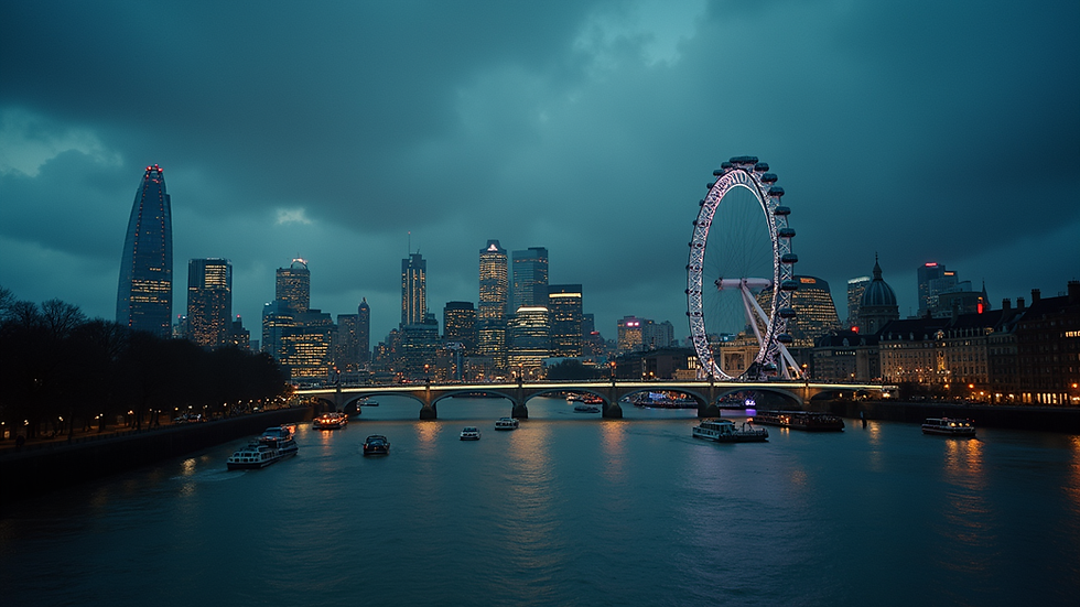 Eye-level view of iconic London skyline with cinematic lighting