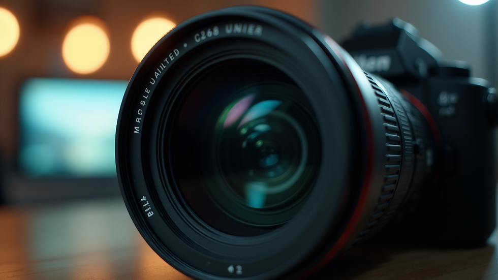 Close-up of a camera lens focusing on a film set