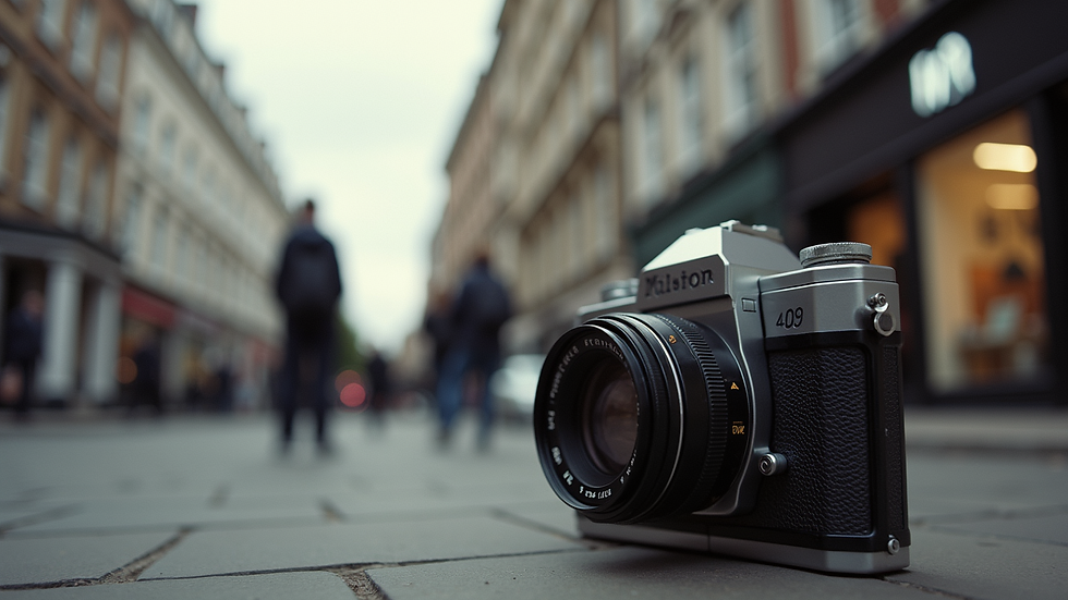 Eye-level view of a vintage film camera on a London street