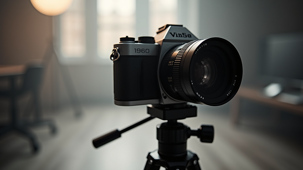 Eye-level view of a vintage film camera on a tripod in a London studio