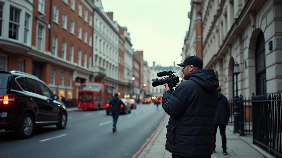 Wide angle view of a London street with film crew setting up equipment