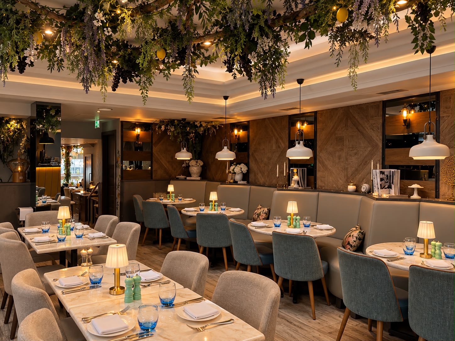 The dining room at Bella Capri Fleet in the evening