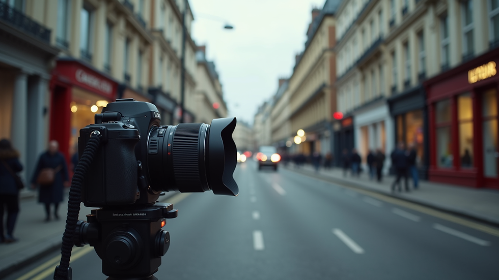 Eye-level view of a professional film camera on a London street