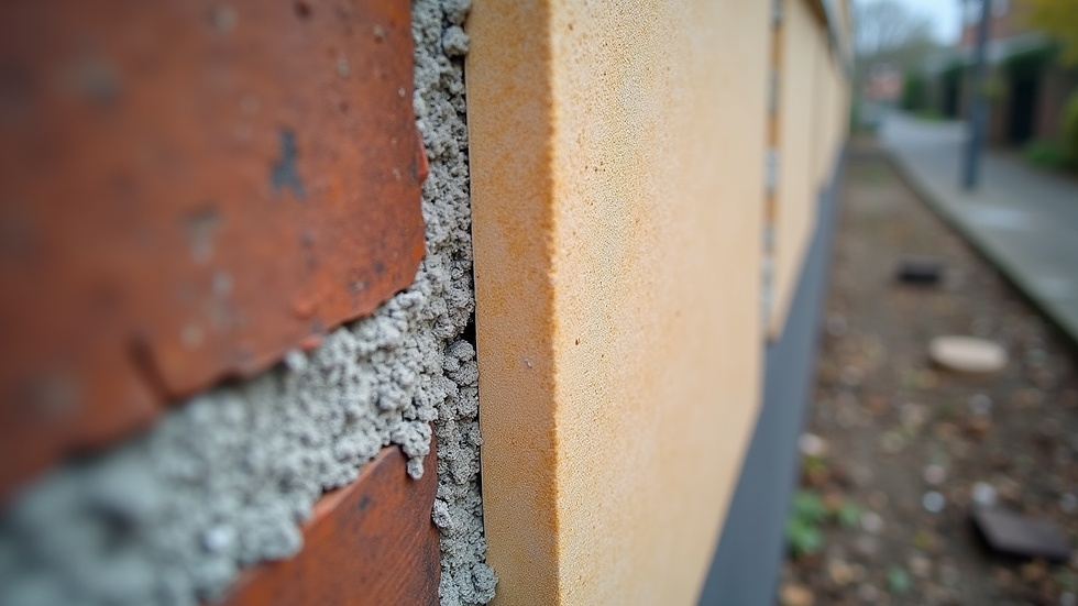 Eye-level view of external wall insulation panels being installed on a brick house