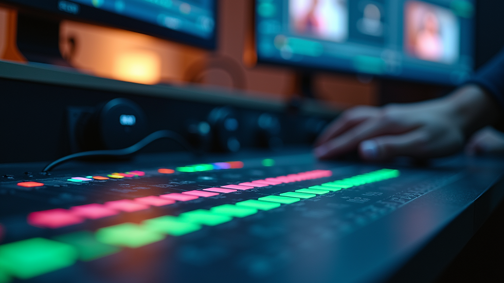 Close-up of a film editor’s workstation with timeline and colour grading tools