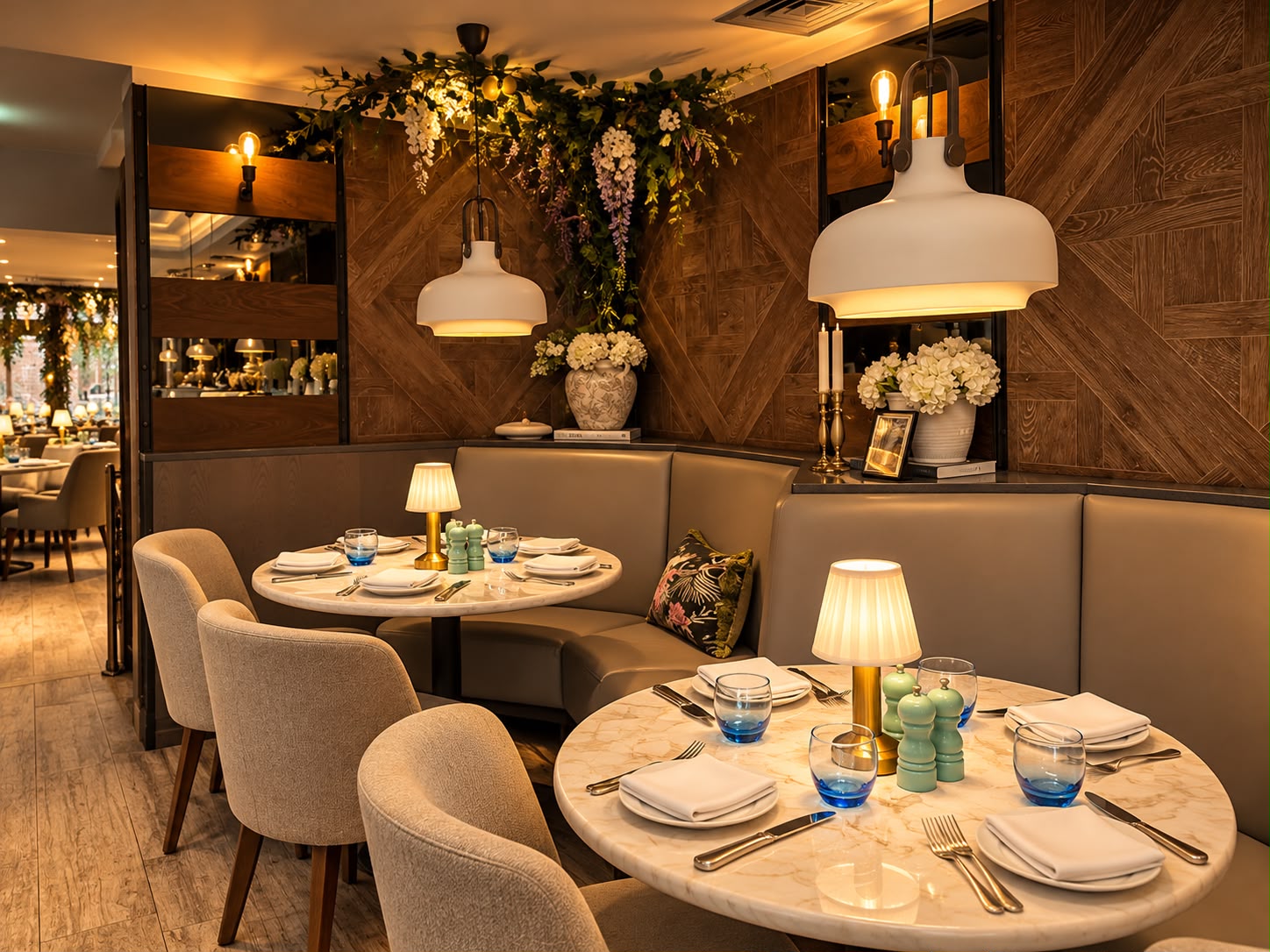 Lamp-lit tables in the dining room at Bella Capri Fleet
