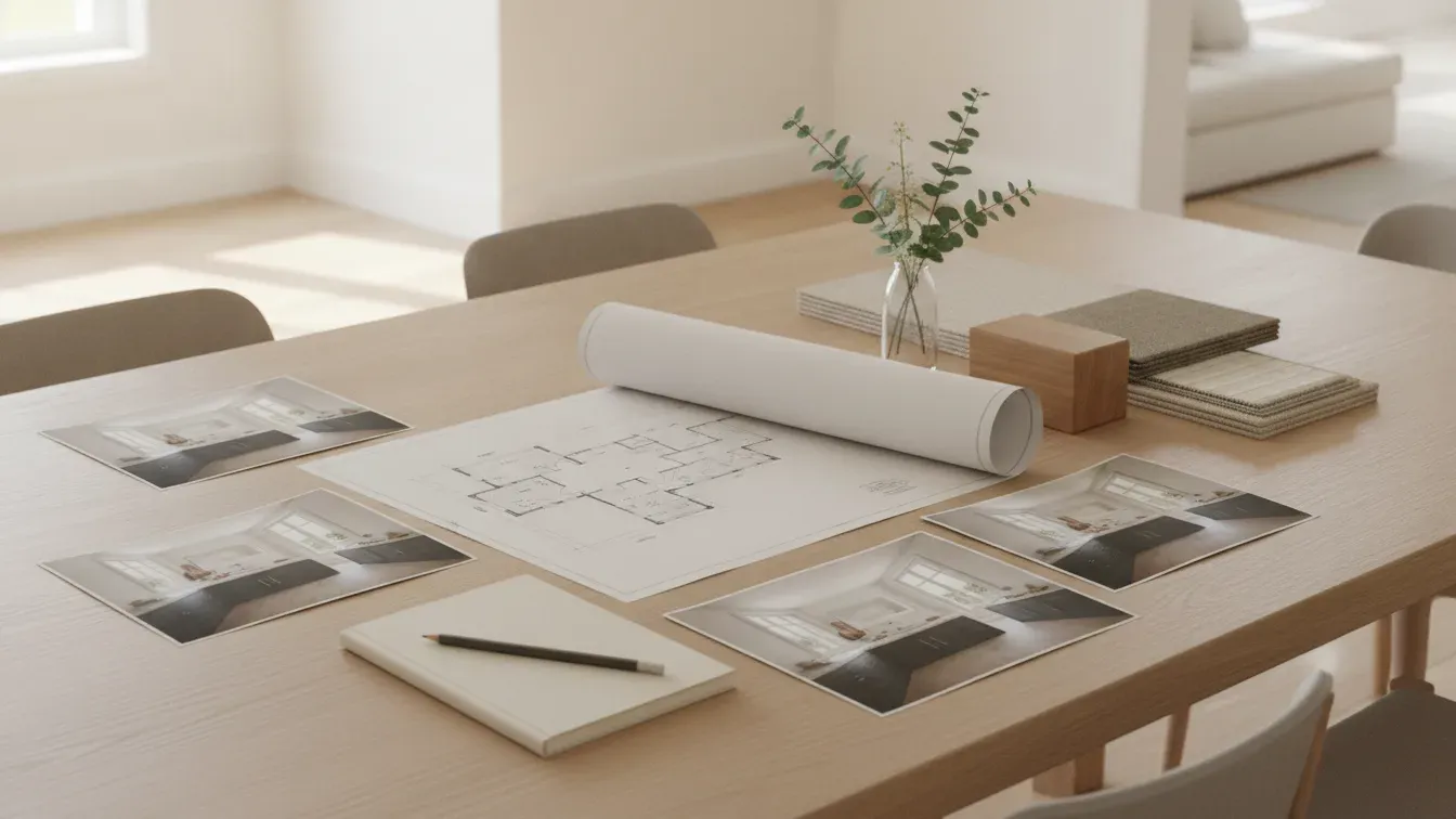 Floor plan, room photos, neutral material samples, and notebook prepared for an interior design consultation