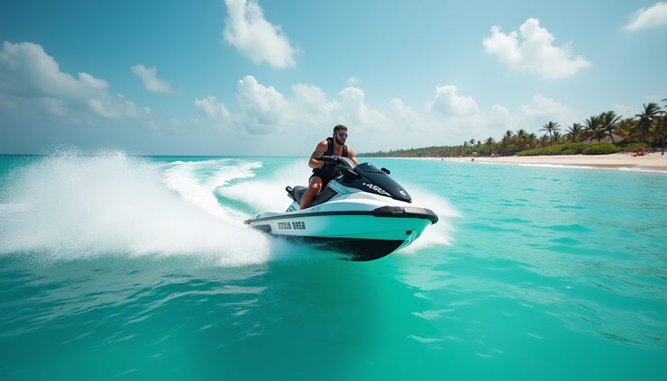 Eye-level view of a jet ski speeding across turquoise waters near Lamai Beach