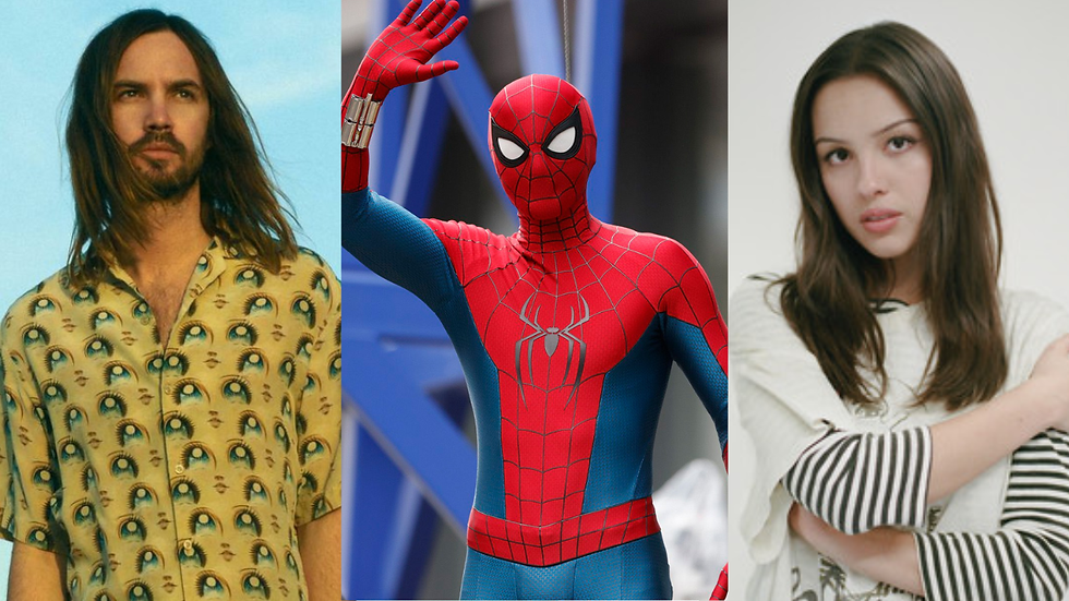 Tame Impala à esquerda; Homem Aranha no meio e Olivia Rodrigo à direita
