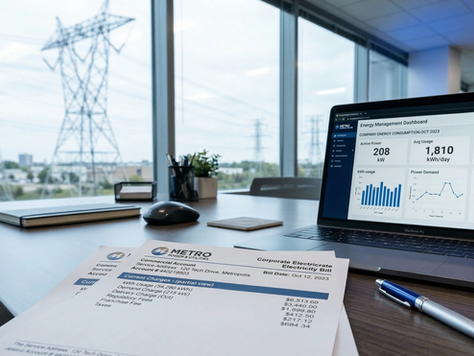 Fatura de energia elétrica com TUSD e TUST sobre mesa corporativa com dashboard de gestão ao fundo