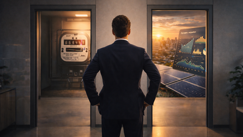 Executivo diante de dois caminhos representando ACR e ACL no mercado de energia elétrica